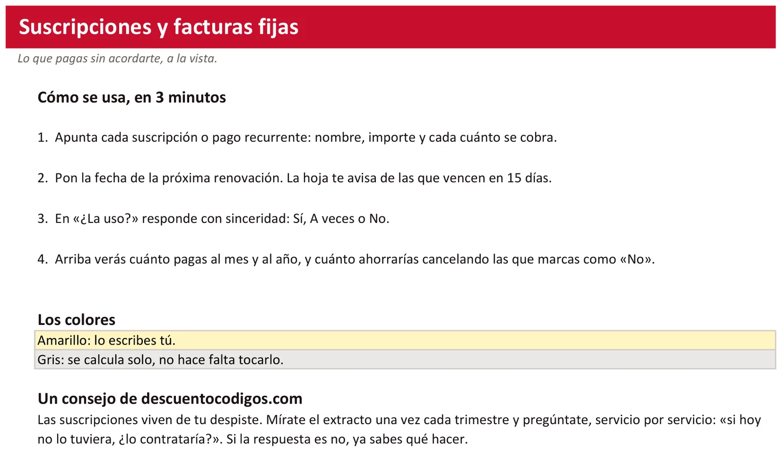 Suscripciones y facturas fijas: Hoja «Léeme»: el manual de uso