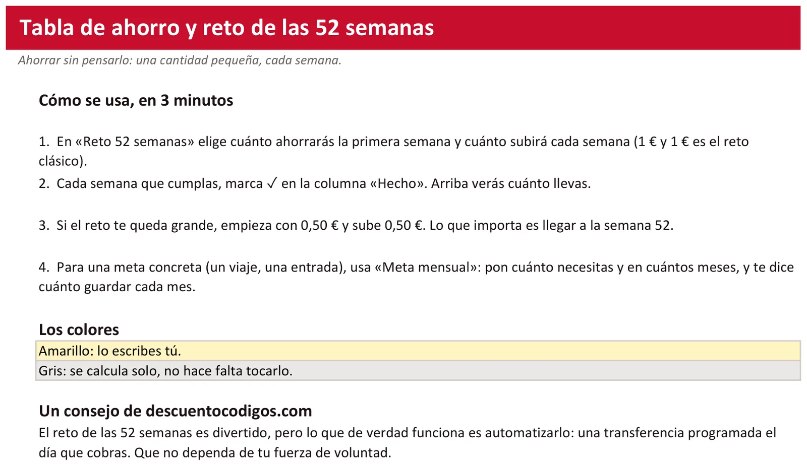 Tabla de ahorro y reto de las 52 semanas: Hoja «Léeme»: el manual de uso